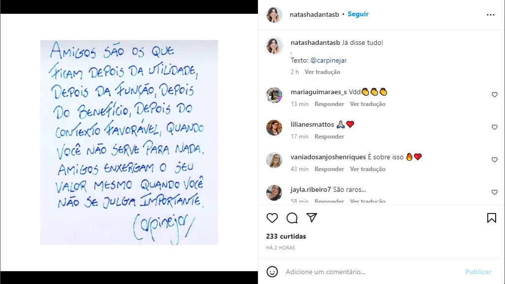 Natasha Dantas, esposa de William Bonner, expõe textão sobre amizades - Foto: Reprodução