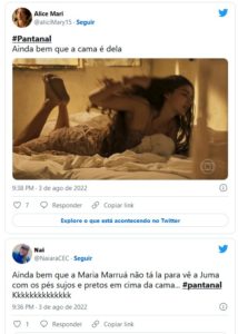 No twitter os fãs de Pantanal comentaram sobre o fato de Juma estar deitada na cama com os pés sujos (Foto: Reprodução / Twitter)