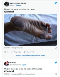 Em Pantanal, Juma (Alanis Guillen) chocou o público ao subir na cama com os pés imundos (Foto: Reprodução / Twitter)