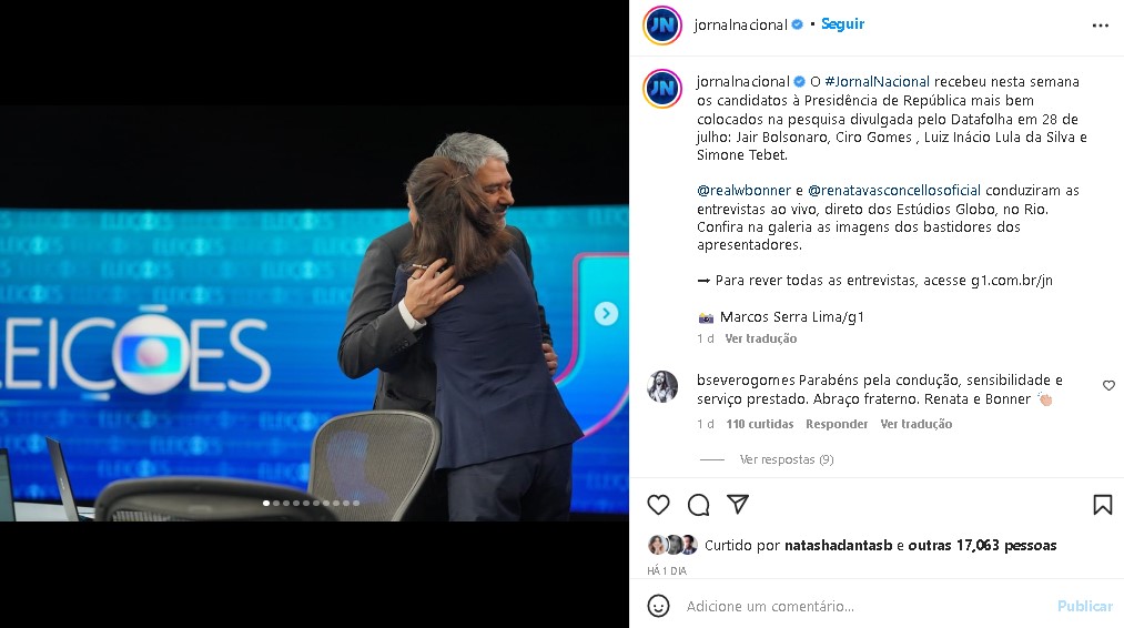 Renata Vasconcellos e William Bonner surgiram abraçados nos bastidores da Globo (Foto: Reprodução/ Instagram)