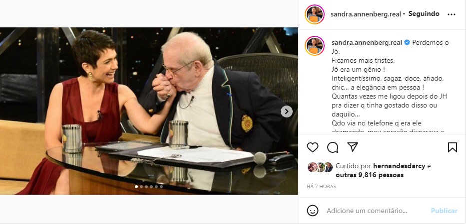 Sandra Annenberg presta homenagem a Jô Soares, após morte do humorista aos 84 anos - Foto: Reprodução