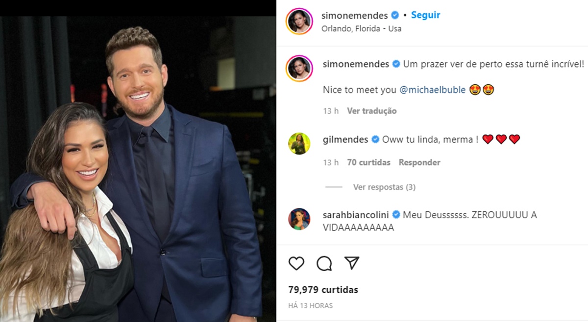 Simone Mendes tieta Michael Bublé e surge em flagra abraçada com o artista internacional 