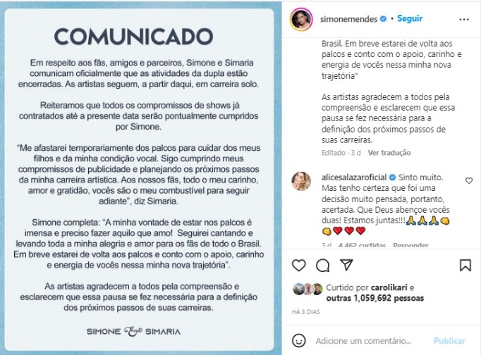 Comunicado do fim da dupla Simone e Simaria (Foto: Reprodução/Instagram)