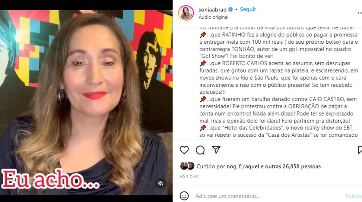 Sonia Abrão costuma emitir suas opiniões sobre assuntos do momento em seu Instagram pessoal 