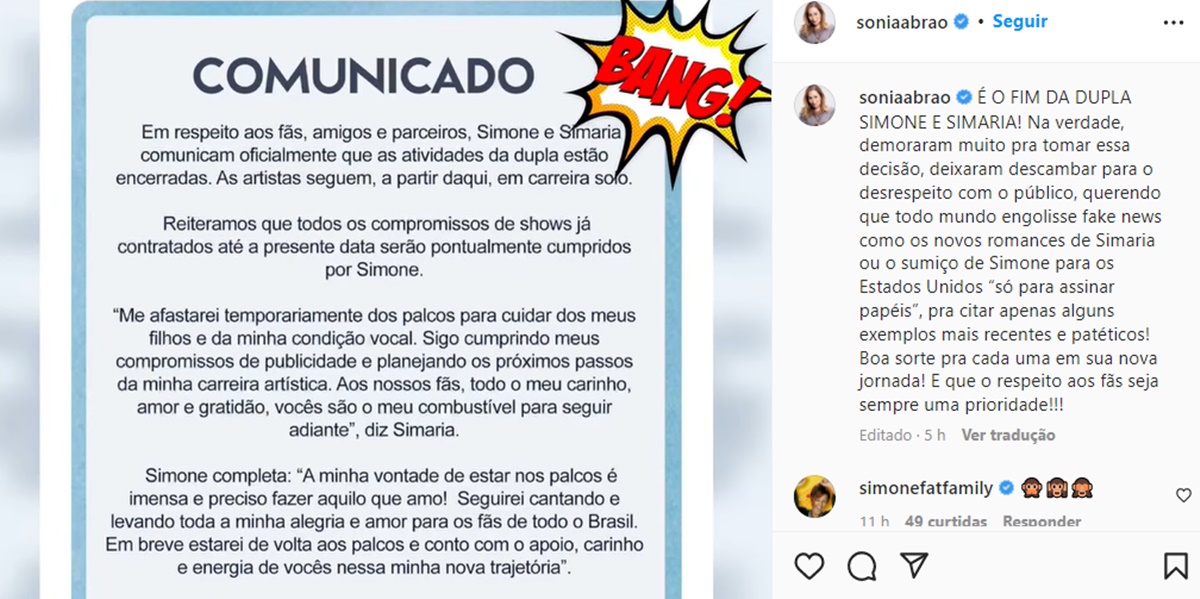 Ausente das telas, Sonia Abrão expõe comunicado do fim de Simone e Simaria e detona recado 