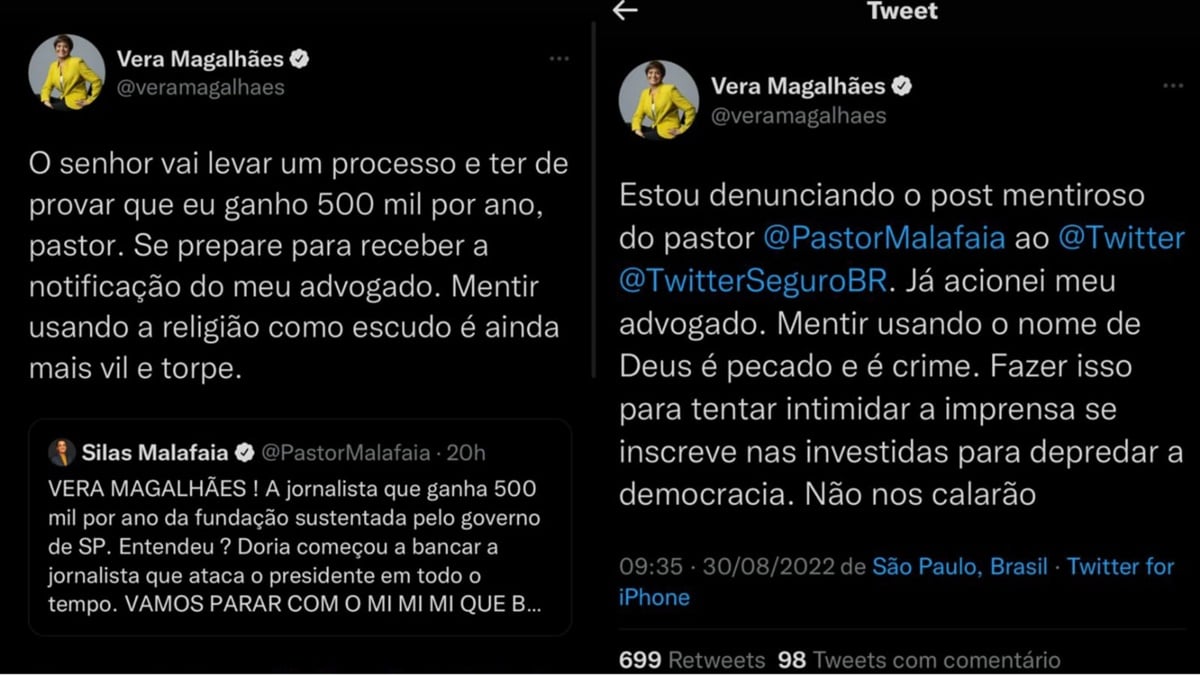Vera Magalhães denuncia publicamente Silas Malafaia e toma atitude de processar pastor por ataques sofridos