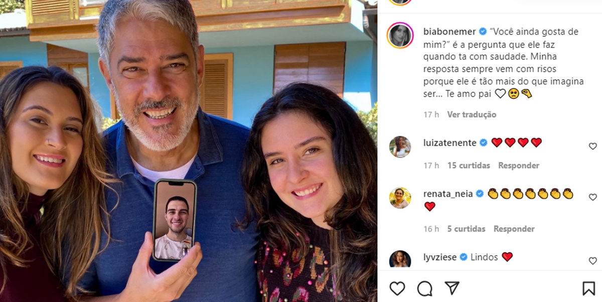 William Bonner recebe homenagem de Dia dos Pais de Beatriz Bonemer e publica registro com os irmãos 