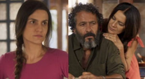 Em conversa com Zé Leôncio (Marcos Palmeira), Filó (Dira Paes) contará tudo que sabe sobro passado trágico do pai de Zefa (Paula Barbosa) em Pantanal (Foto: Reprodução / Globo)