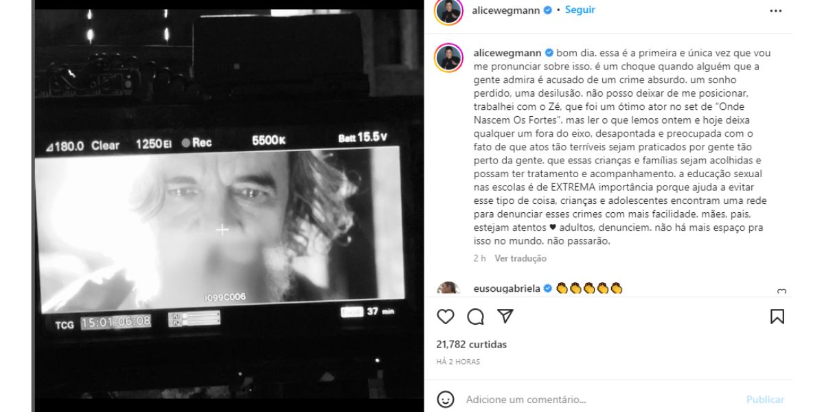 Alice Wegmann faz desabafo sobre prisão de ator