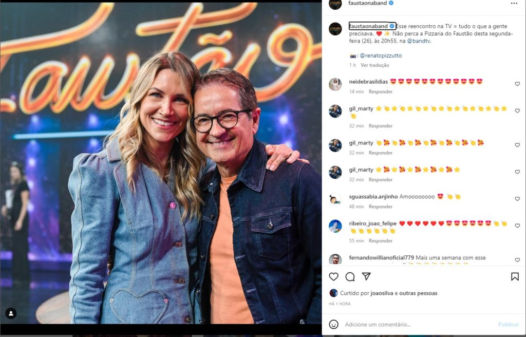 Anne Lottermann e Carlos Tramontina se reencontraram no Faustão na Band