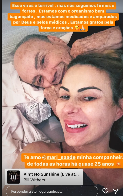 Stênio Garcia publicou um stories para falar sobre o seu estado de saúde ao lado de Mari Saade- Foto: Reprodução/ Instagram