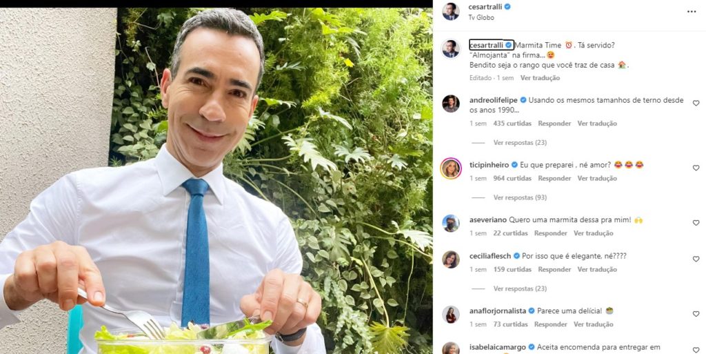 César Tralli publicou uma foto 'marmitando' durante um intervalo na Globo