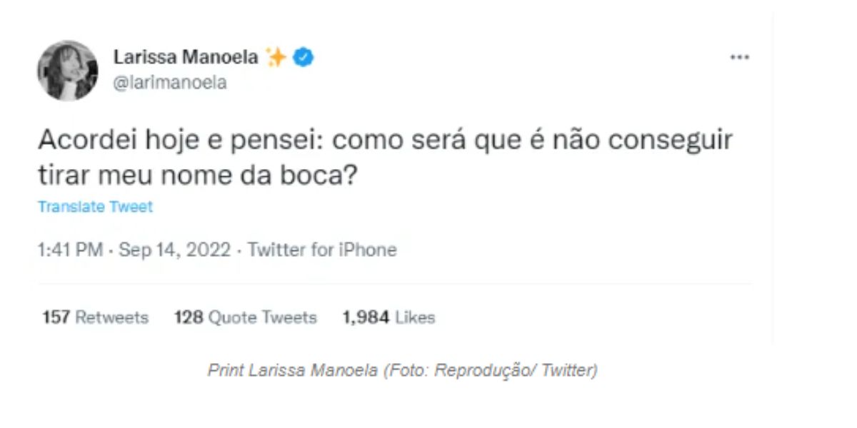  “Acordei hoje e pensei: como será que é não conseguir tirar meu nome da boca?" disse Larissa Manoela.