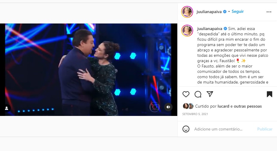 Juliana Paiva fez uma bela homenagem para Faustão após a saída do apresentador da Globo