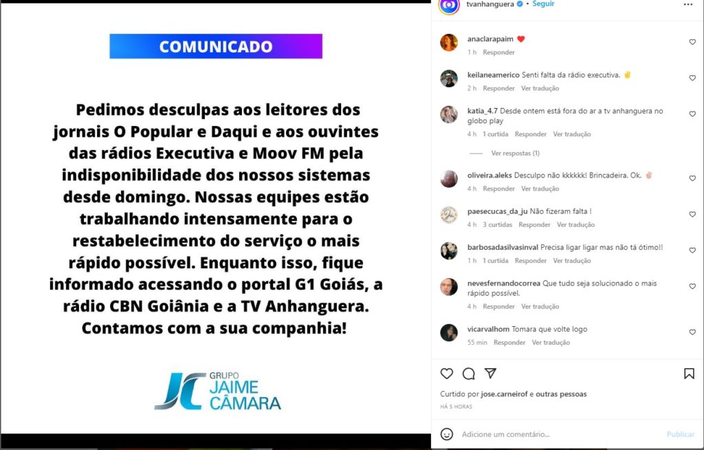 TV Anhanguera emitiu um nota falando sobre o ataque hacker nas redes sociais