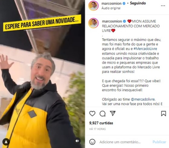 Marcos Mion surge nas redes sociais e assume um relacionamento com a plataforma Mercado Livre (Foto: Reprodução/Instagram)