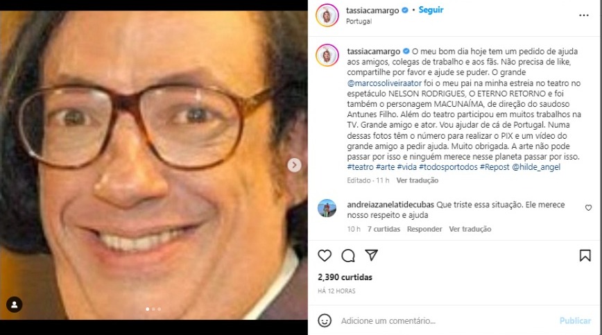 Tássia Camargo faz apelo por ajuda para Marcos Oliveira (Foto: Reprodução/Instagram)