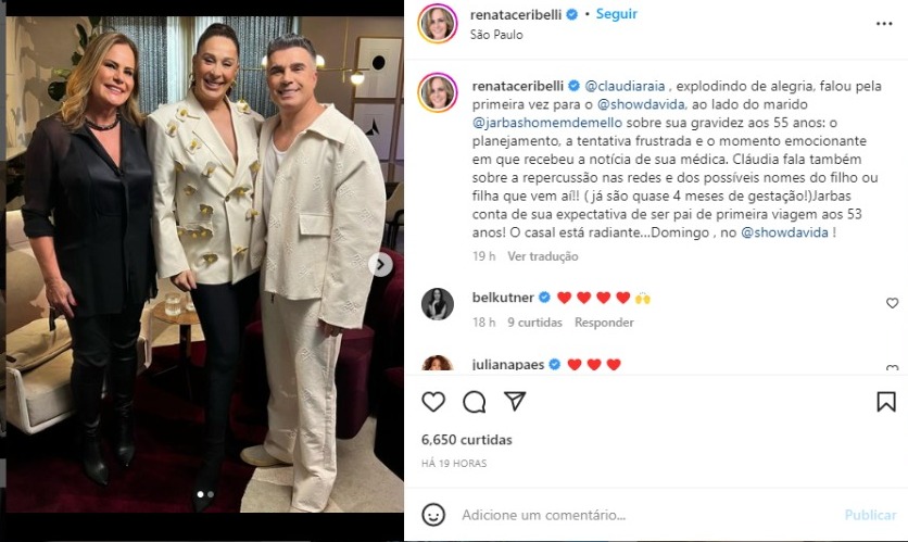 Renata Ceribelli entrevistou Claudia Raia e Jarbas Homem de Mello, para o Fantástico (Foto: Reprodução/Instagram)