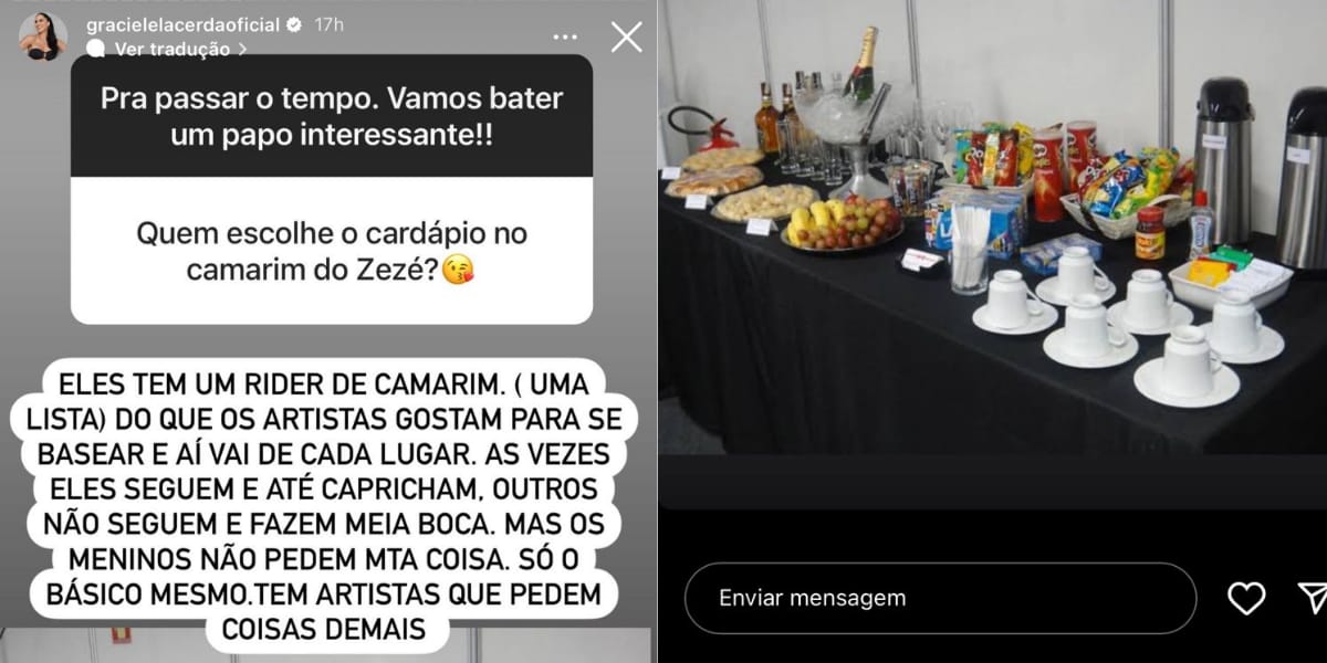 Graciele Lacerda revela o cardápio no camarim de Zezé Di Camargo (Reprodução: Instagram)