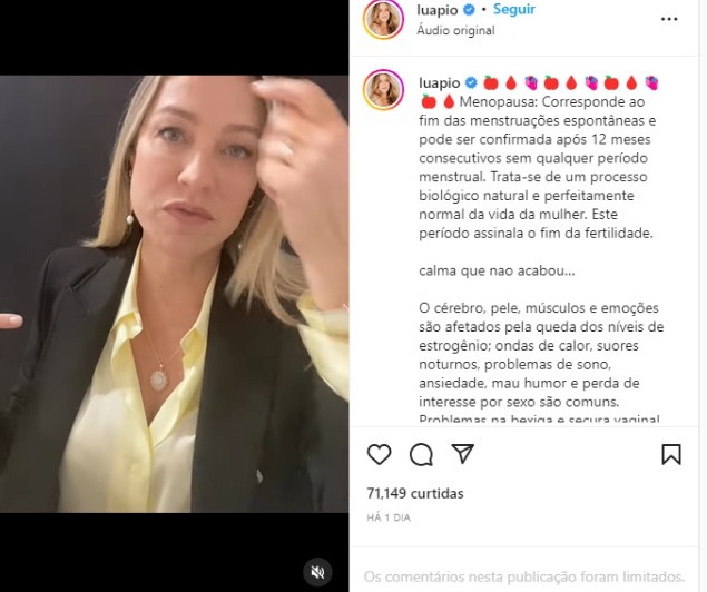 Luana Piovani publica vídeo sobre a menopausa (Foto: Reprodução/Instagram)