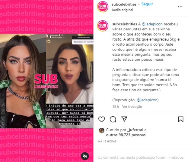 Jade Picon detona críticas à sua aparência (Foto: Reprodução/Instagram)