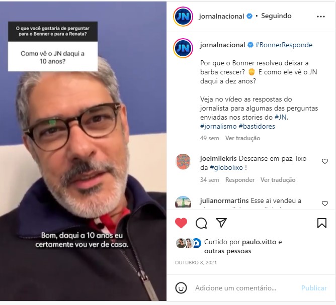 William Bonner falou sobre o seu descanso no perfil do JN no Instagram