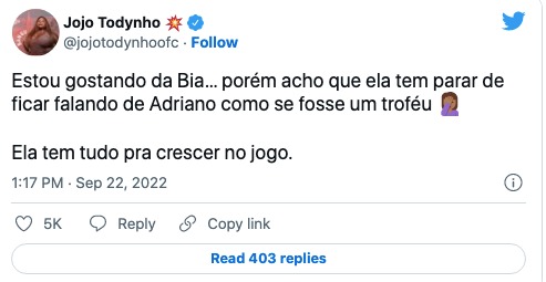 De acordo com Jojo Todynho, Bia Miranda deve falar menos de Adriano Imperador (Reprodução)