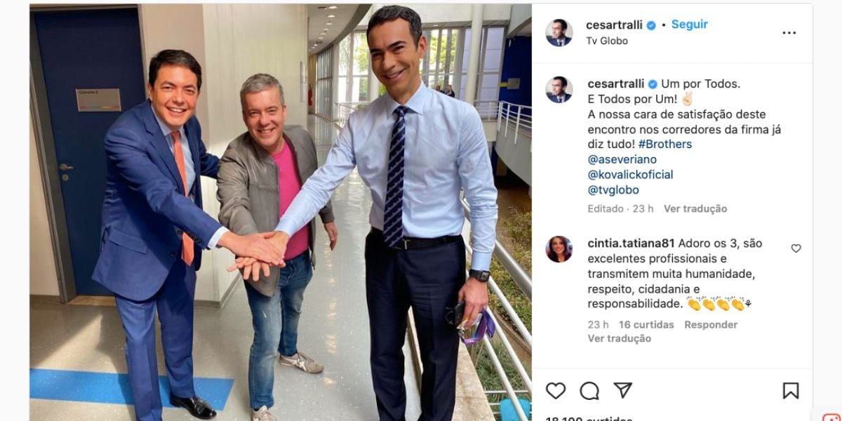 César Tralli surge com Alan Severiano e Roberto Kovalick em bastidores da Globo