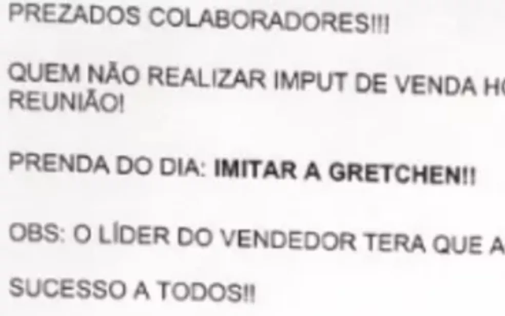 Nota da empresa que obrigou o funcionário a imitar a Gretchen (Foto: Reprodução)