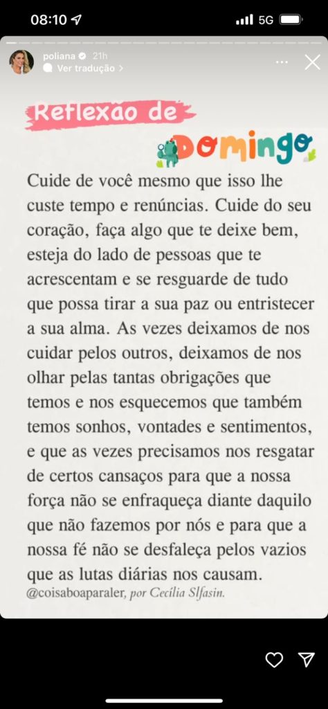 De acordo com esposa de cantor, lembrar de cuidar de si mesmo é importante 