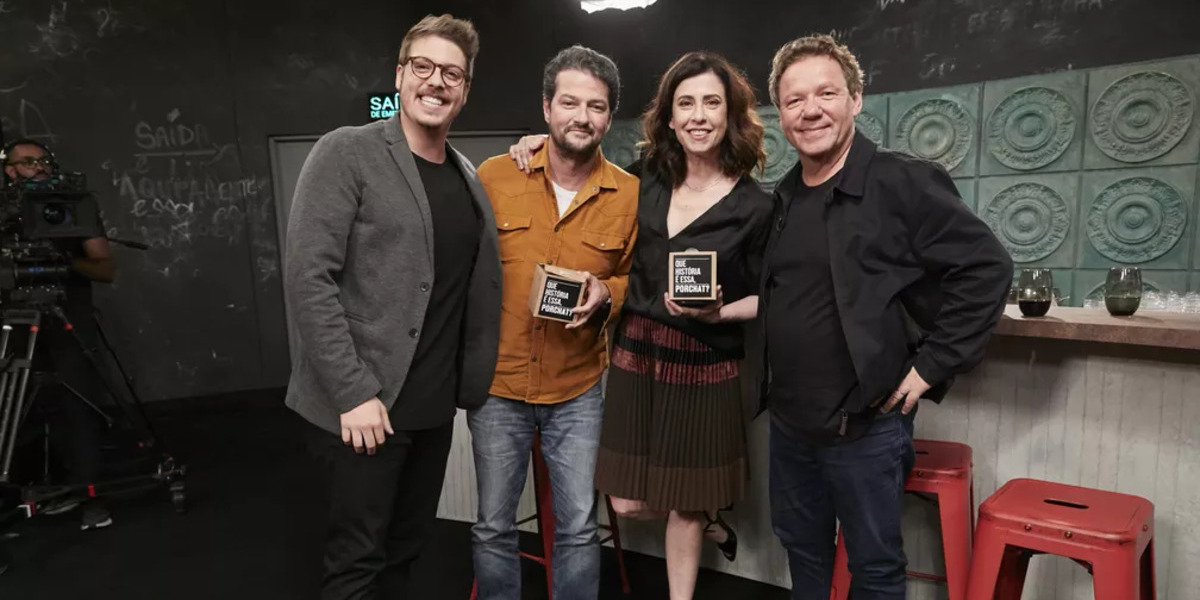 Marcelo Serrado participou do Que História É Essa, Porchat?, junto de Fernanda Torres e Cloude Troisgros (Foto: Reprodução)