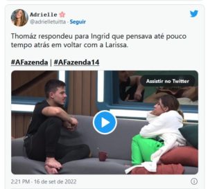 Thomaz Costa em A Fazenda 14 falou sobre sua ex-namorada, Larissa Manoela (Foto: Reprodução / Twitter)