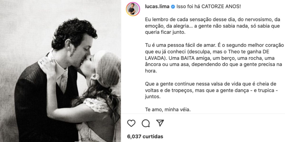 Lucas Lima faz textão para celebrar 14 anos de casamento com Sandy (Reprodução)