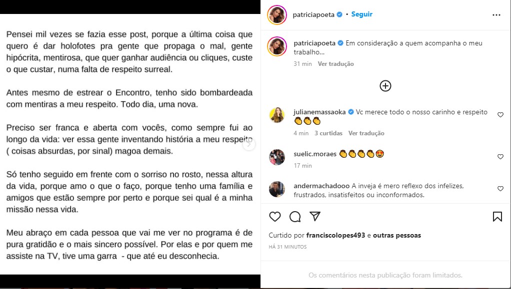 Patrícia Poeta desabafa sobre ataques - Foto: Reprodução