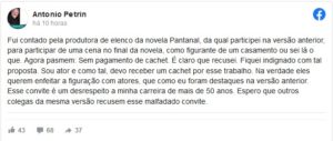 Antonio Petrin, o Tenório da primeira versão de Pantanal se revolta com proposta indecente da Globo e critica emissora carioca (Foto: Reprodução / Facebook)