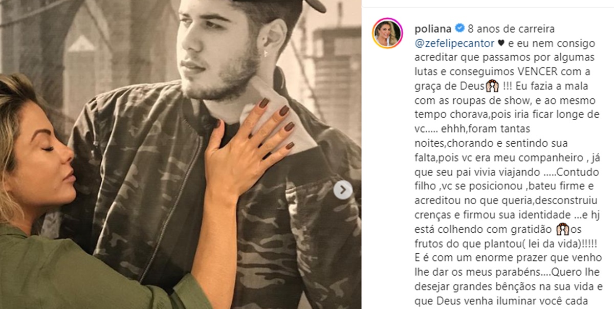 Poliana Rocha faz textão sobre os 8 anos de carreira do filho Zé Felipe 