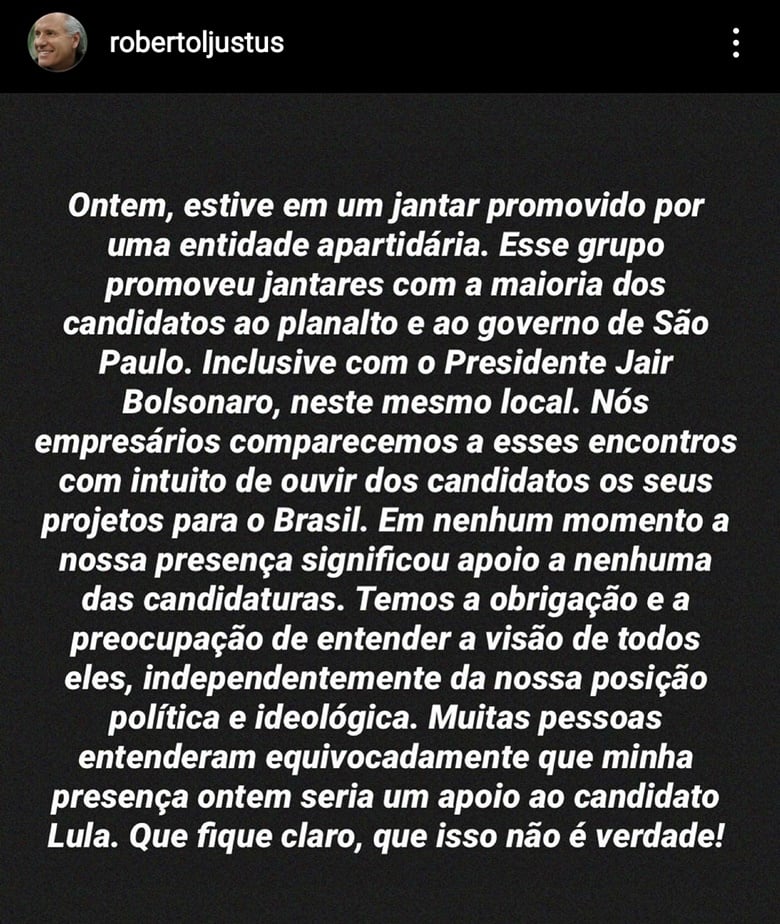 Roberto Justus esclarece em comunicado oficial sobre janatar a Lula e nega apoio a candidatura nas eleições 2022 