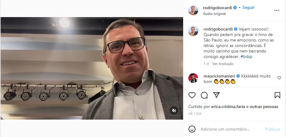 Publicação de Rodrigo Bocardi no Instagram - Foto: Reprodução