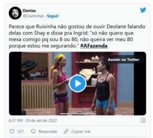 Ruivinha de Marte e Deolane Bezerra; cantora se irritou ao ser citada pela advogada em A Fazenda 14 (Foto: Reprodução / Twitter)