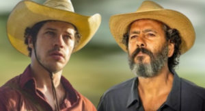 Tadeu (José Loreto) e José Leôncio (Marcos Palmeira) em Pantanal (Foto: Reprodução / Globo / Montagem TV Foco)