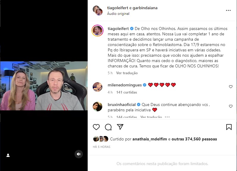 Tiago Leifert e Daiana Garbin falam sobre 1 ano de tratamento da filha contra câncer raro - Foto: Reprodução