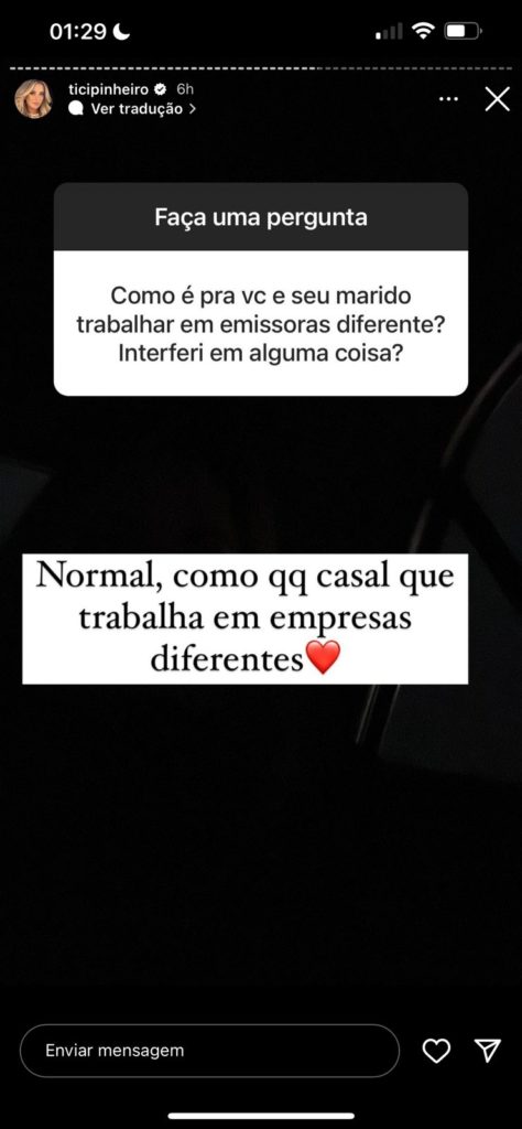 De acordo com Ticiane Pinheiro, é normal trabalhar em emissora concorrente de César Tralli (Reprodução)