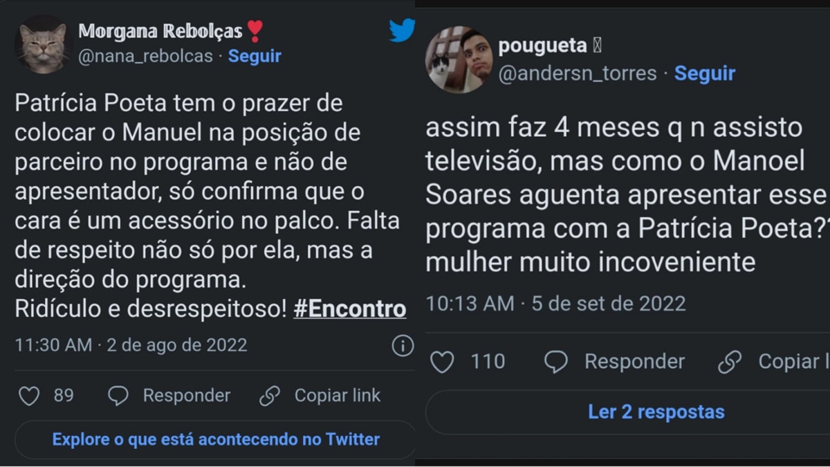 Alguns internautas criticam o vício de linguagem de Patrícia Poeta e a relevância de Manoel Soares