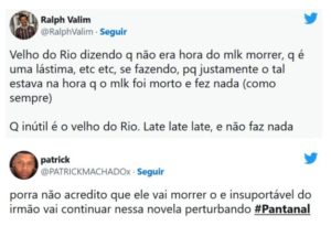 Velho do Rio (Osmar Prado) é detonado na web por deixar o filho de Tenório (Murilo Benício) morrer em Pantanal (Foto: Reprodução / Twitter)