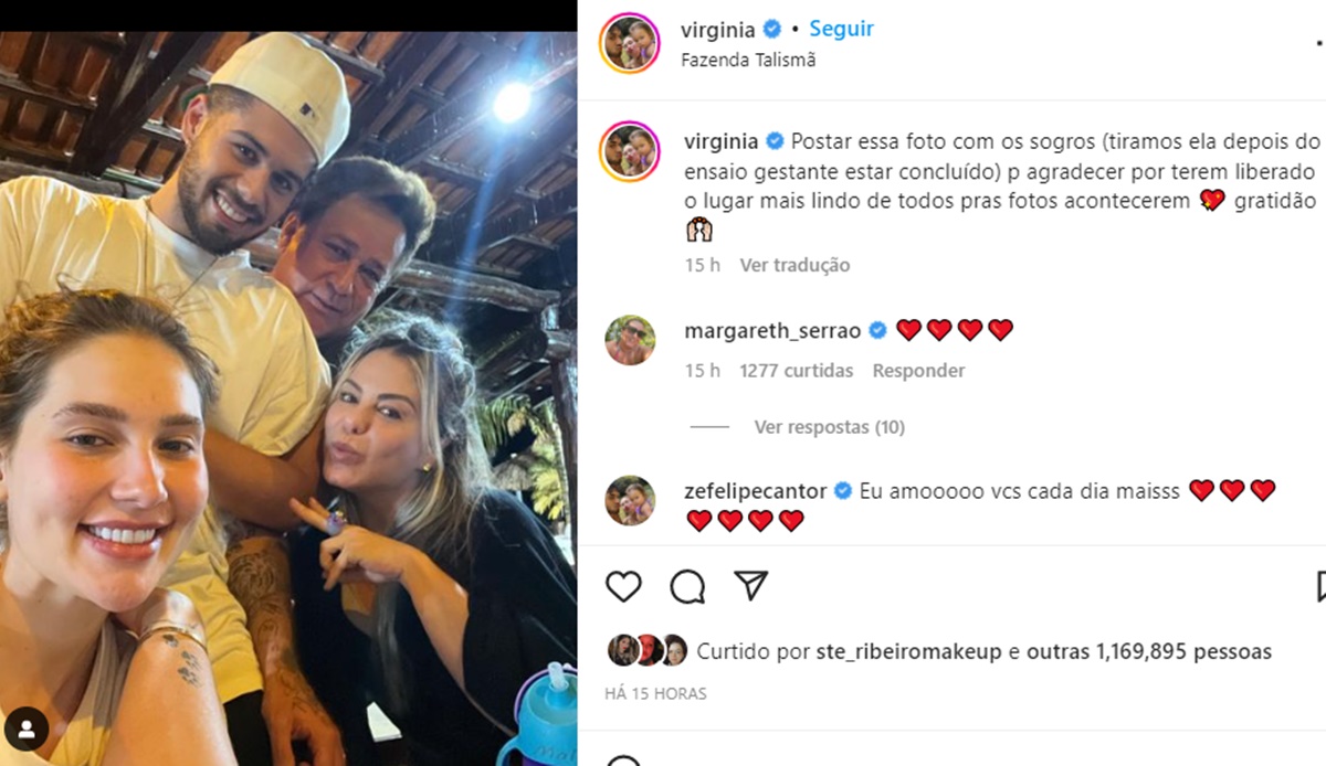 Virgínia Fonseca publica foto ao lado de Zé Felipe, em agradecimento aos sogros Poliana Rocha e Leonardo 