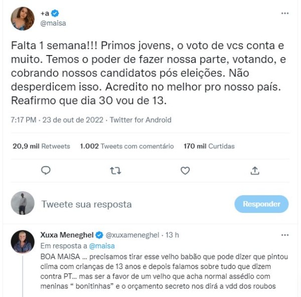 Xuxa esculacha Jair Bolsonaro em post de Maísa (Foto: Reprodução/Twitter)