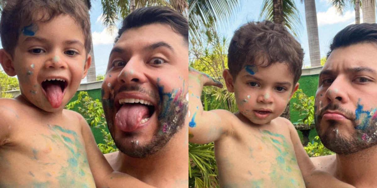 Murilo Ruff e o pequeno Léo se divertindo em meio a tintas (Foto Reprodução/Montagem/Instagram)