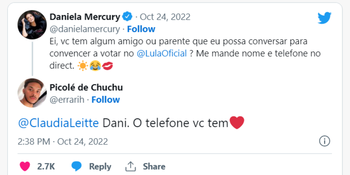 Daniela Mercury recebeu uma resposta um tanto inusitada, envolvendo Claudia Leitte, e isso gerou polêmica nas redes (Foto Reprodução/Twitter)