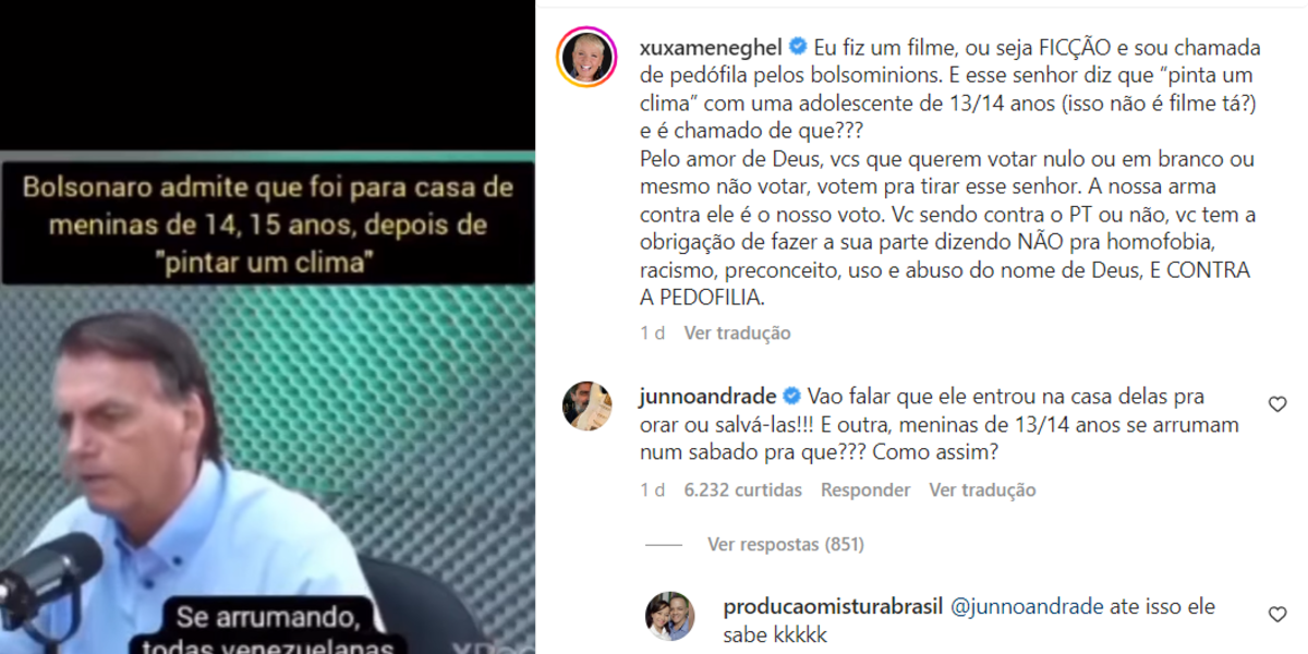 Xuxa rebateu bolsonaristas com vídeo aonde mostra Jair Bolsonaro falando que "rolou um clima" com menininhas de 13 e 14 anos (Foto Reprodução/Instagram)