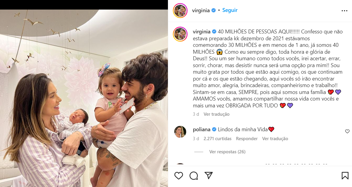 Virginia fez uma outra postagem, aproveitou para agradecer seus 40 milhões de seguidores (Foto Reprodução/Instagram)